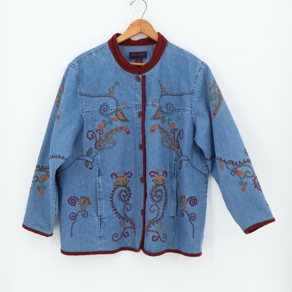 DENIM & CO Jackets & Blazers - Vintage 90s Paisley Embroidered Denim Jacket Coat Burgundy Trim Pockets Size 1X